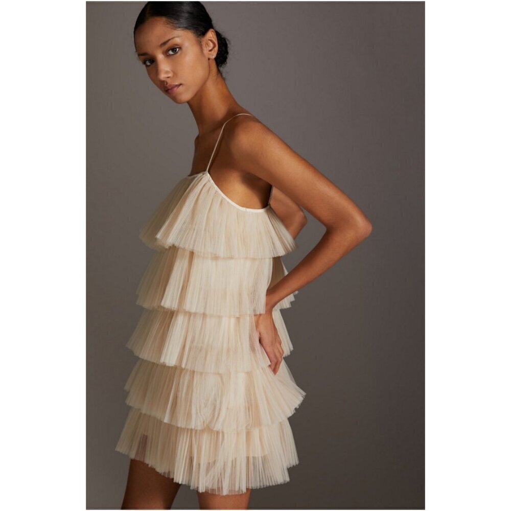 MAEVE by Anthropologie Tiered Tulle Mini Dress in Taupe Size Large - Picture 14 of 14